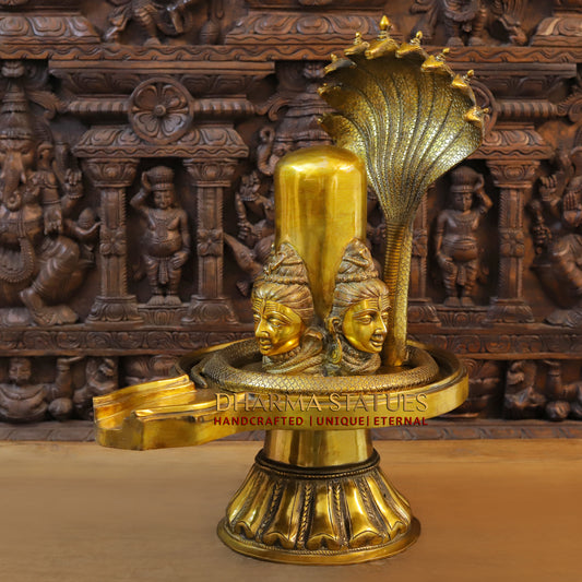 Brass MahaShiva Lingam With Shiva Head Engraved, Golden Finish, 25.5"