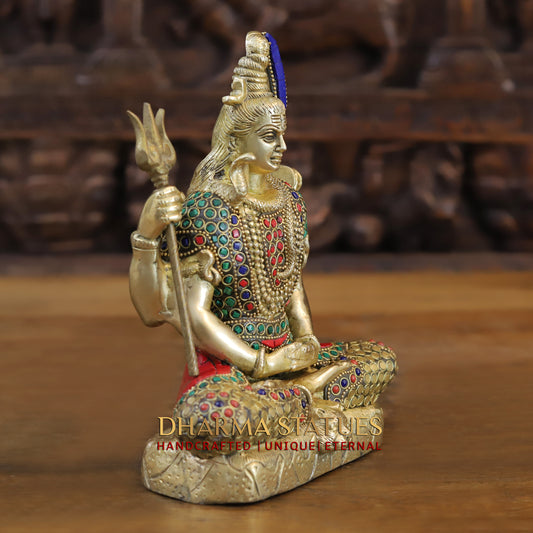 Brass Shiva seated, Golden & Stonework, 9"