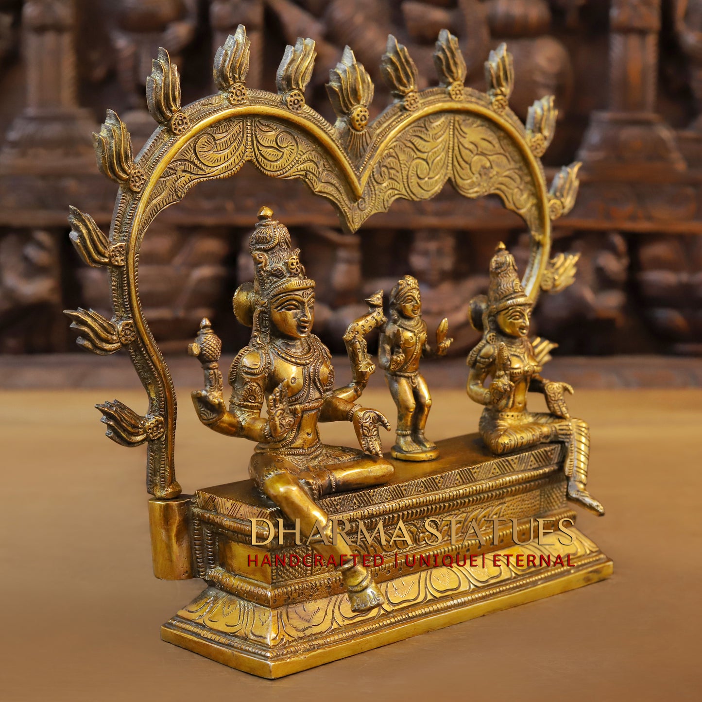 Brass Somaskanda Shiva, Parvati, and Kartikeya, Golden Finish, 11"