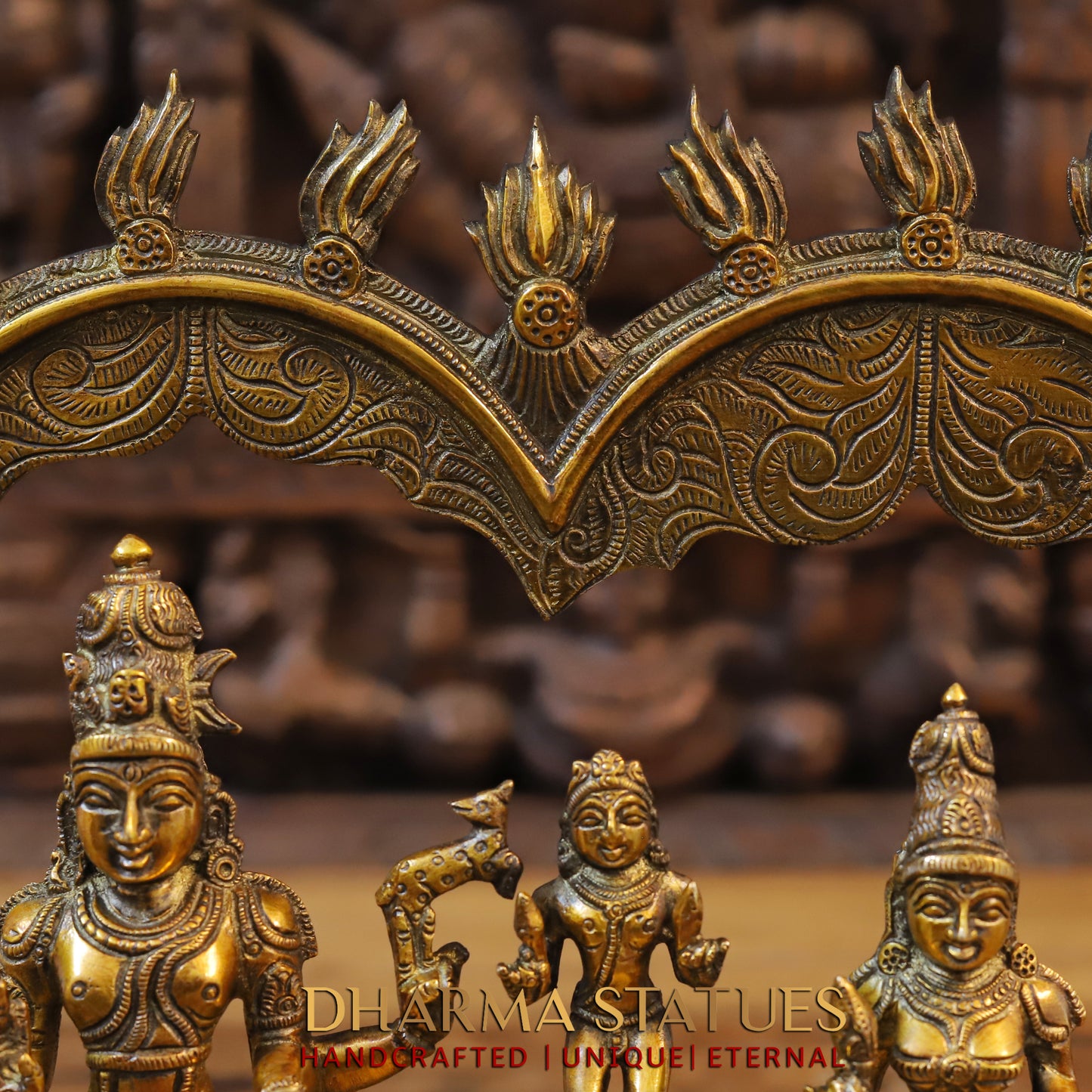 Brass Somaskanda Shiva, Parvati, and Kartikeya, Golden Finish, 11"