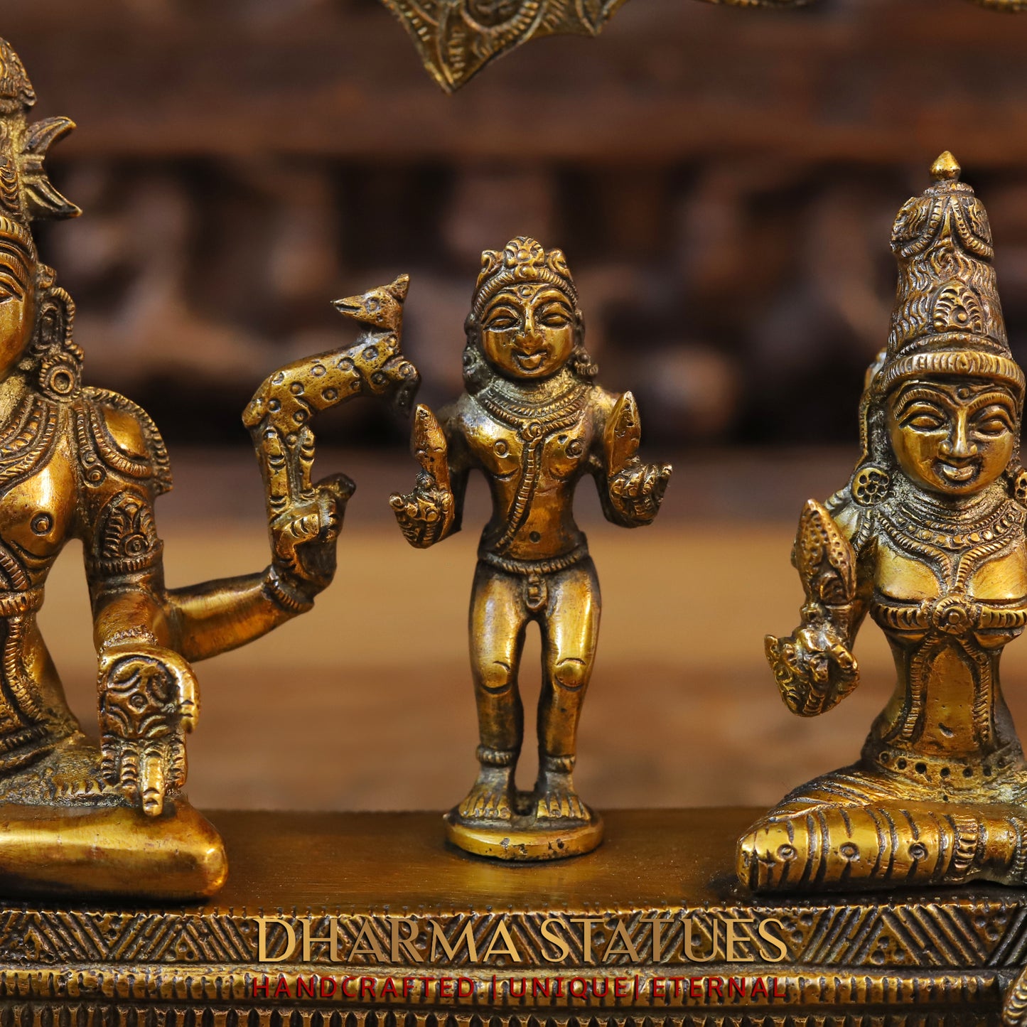 Brass Somaskanda Shiva, Parvati, and Kartikeya, Golden Finish, 11"