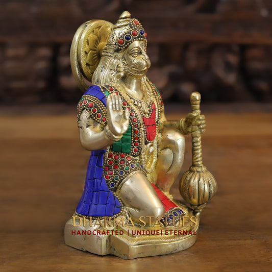 Brass Hanuman Ji seated, Blessing Position, Golden & Stonework, 7.5"