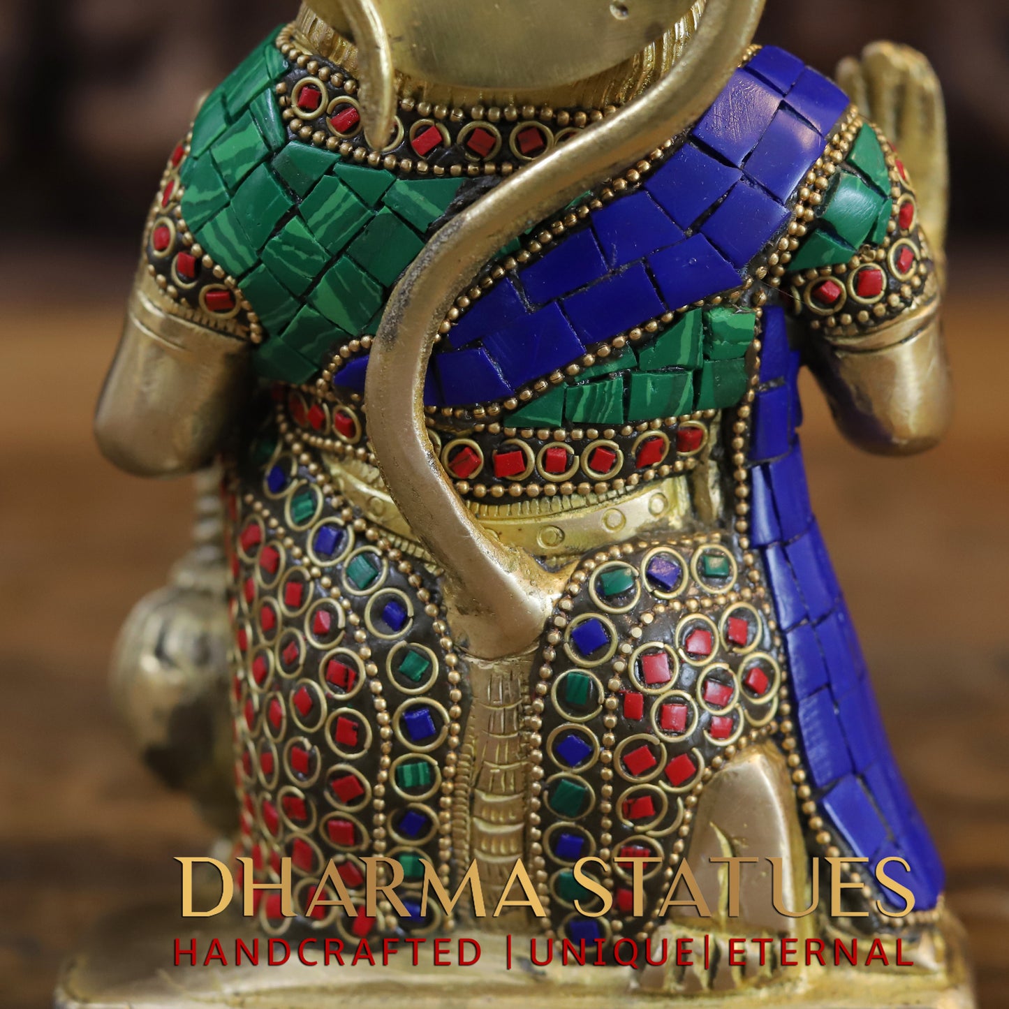 Brass Hanuman Ji seated, Blessing Position, Golden & Stonework, 7.5"
