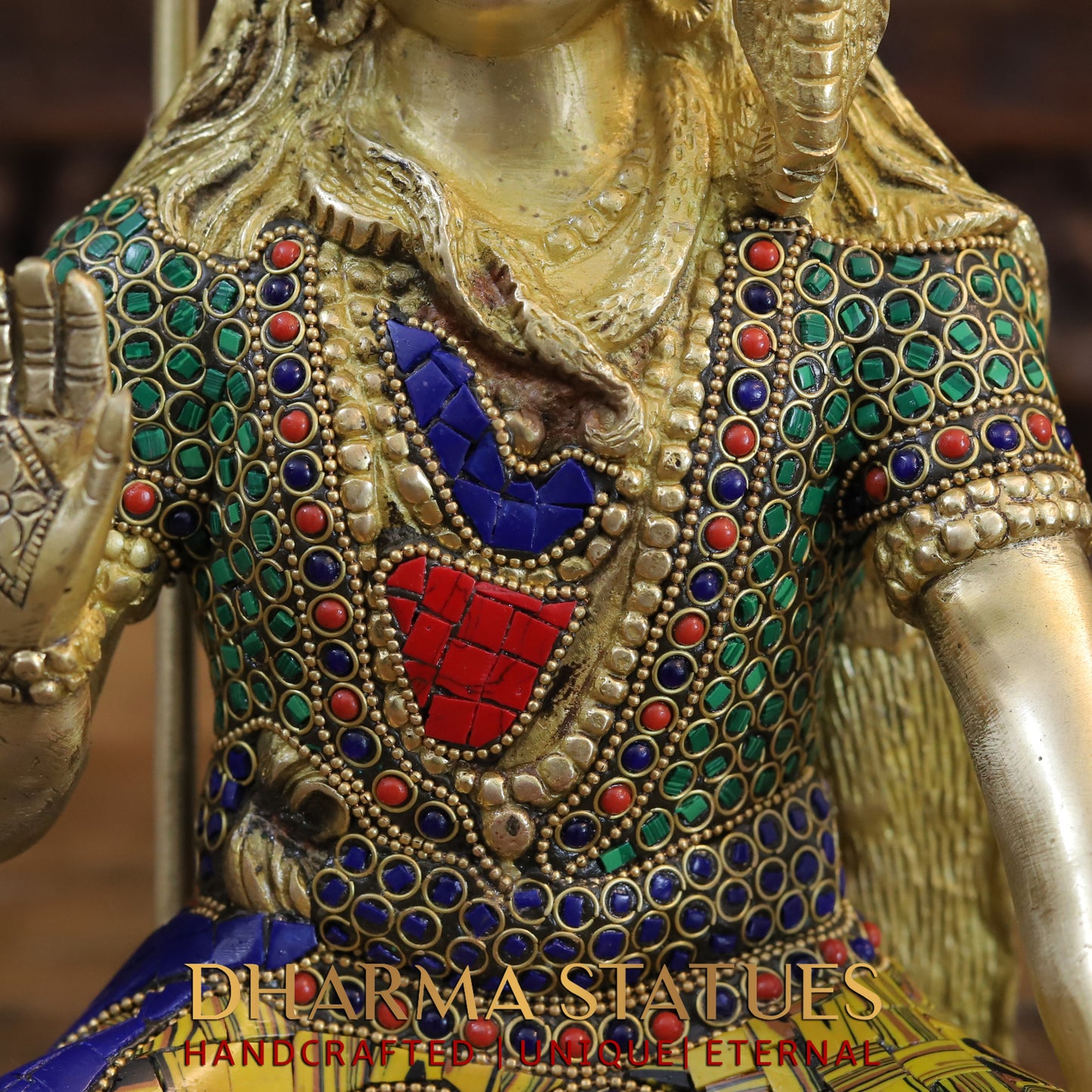 Brass Shiva seated in Blessing Posture, Golden & Stonework, 12"