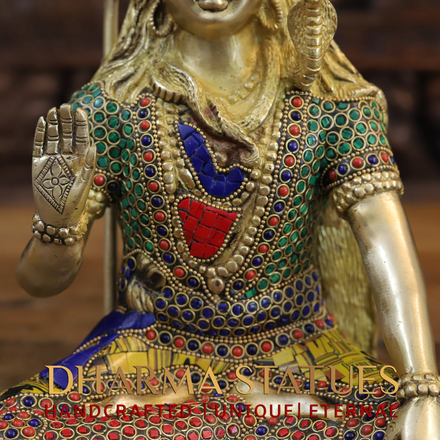 Brass Shiva seated in Blessing Posture, Golden & Stonework, 12"