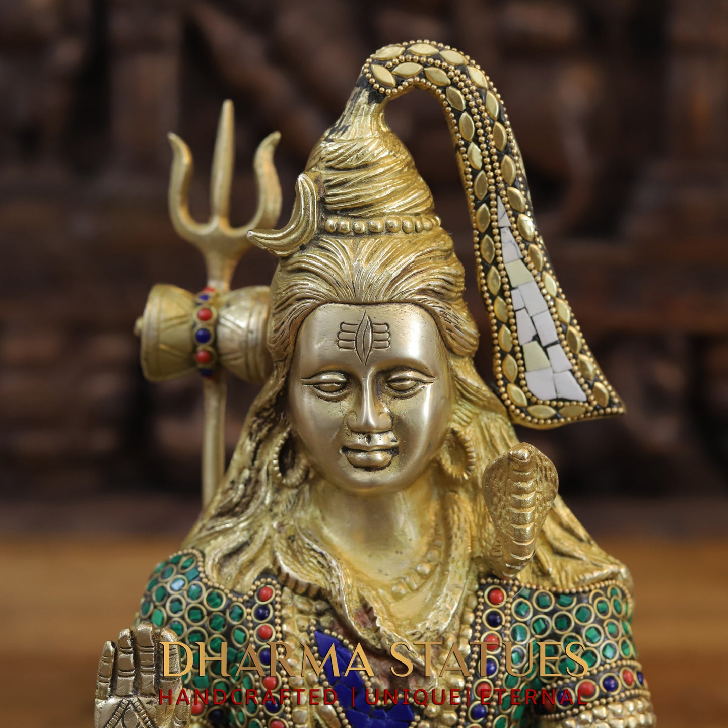 Brass Shiva seated in Blessing Posture, Golden & Stonework, 12"