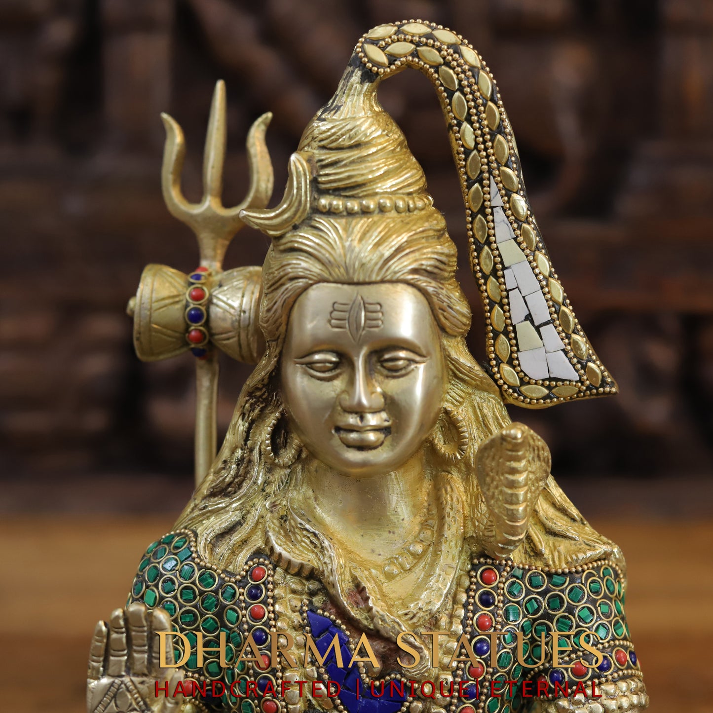 Brass Shiva seated in Blessing Posture, Golden & Stonework, 12"