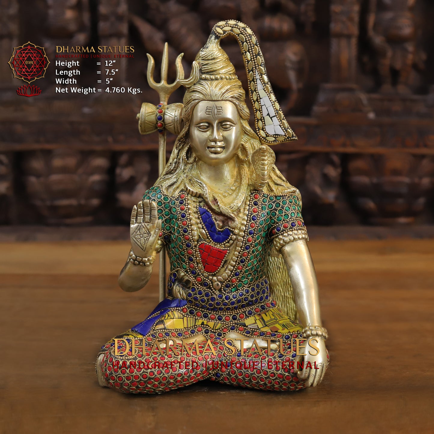 Brass Shiva seated in Blessing Posture, Golden & Stonework, 12"