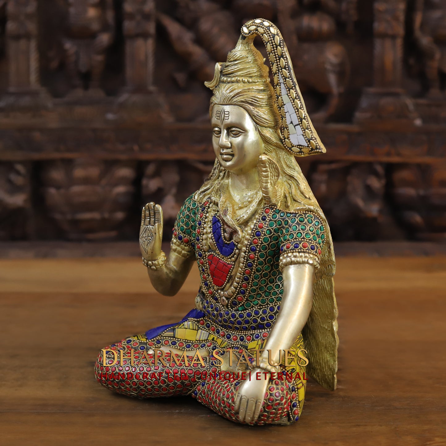 Brass Shiva seated in Blessing Posture, Golden & Stonework, 12"