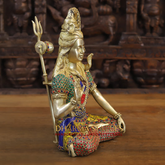 Brass Shiva seated in Blessing Posture, Golden & Stonework, 12"
