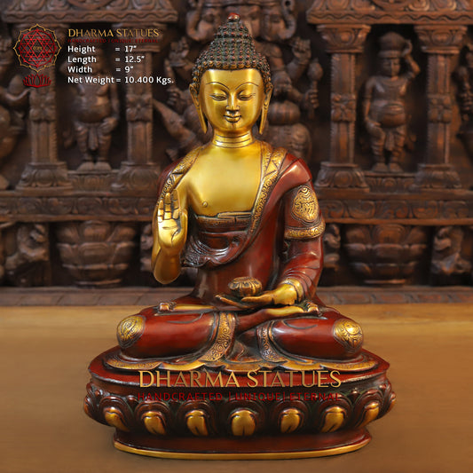 Brass Buddha seated in Blessing Posture, Cherry & Golden Finish, 17"