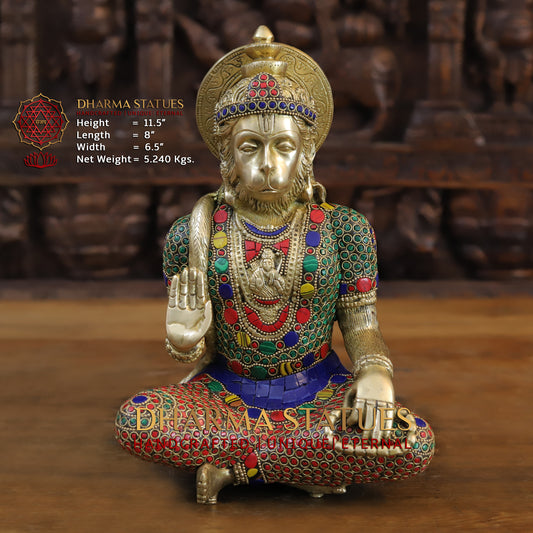Brass Hanuman Ji seated, Blessing Position, Golden & Stonework, 11.5"