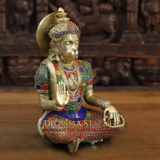Brass Hanuman Ji seated, Blessing Position, Golden & Stonework, 11.5"