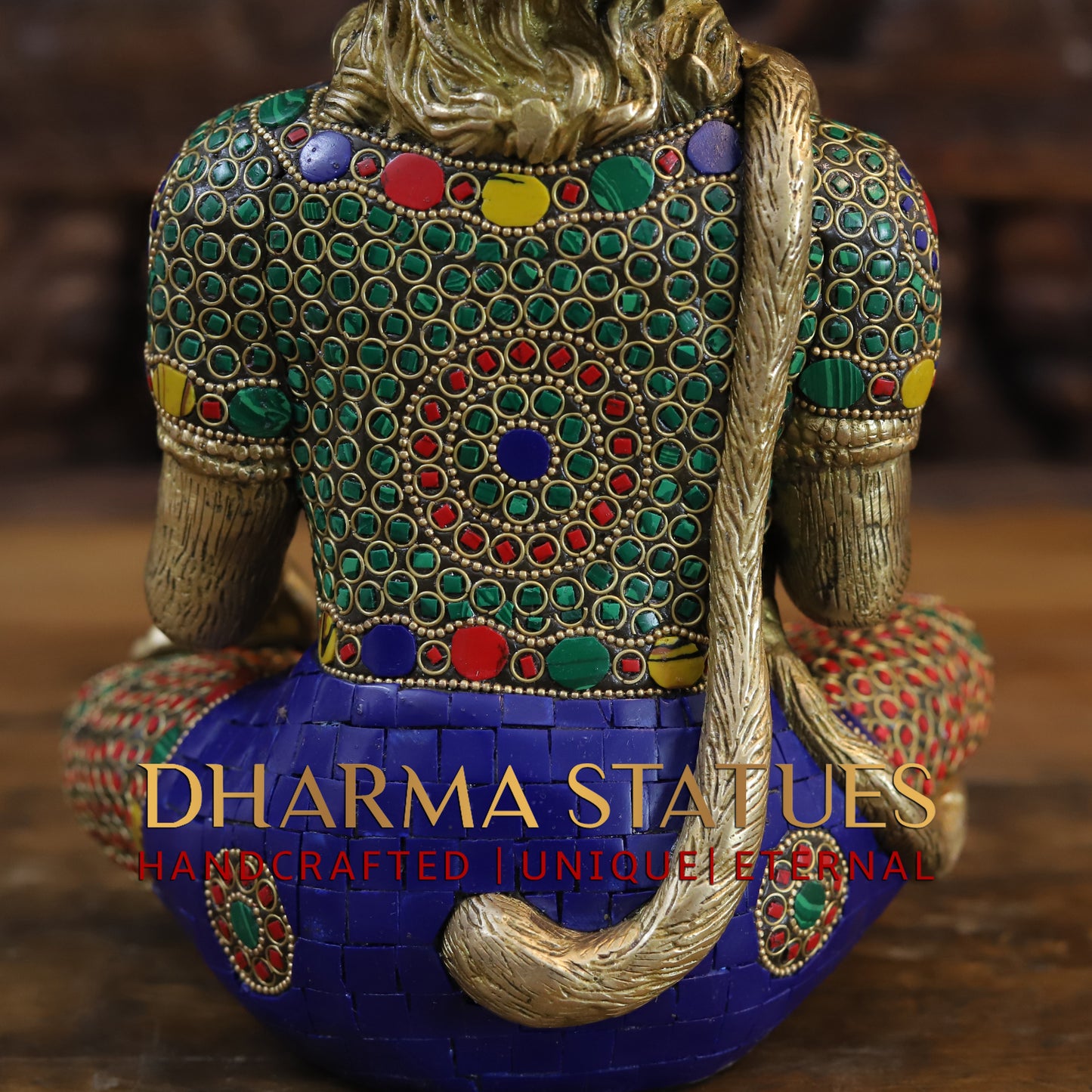 Brass Hanuman Ji seated, Blessing Position, Golden & Stonework, 11.5"