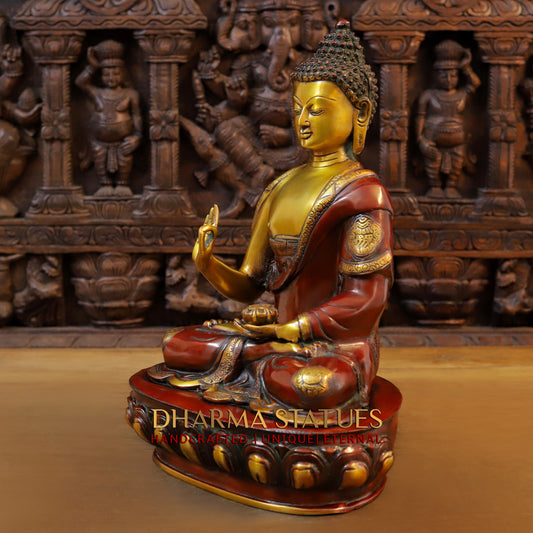 Brass Buddha seated in Blessing Posture, Cherry & Golden Finish, 17"