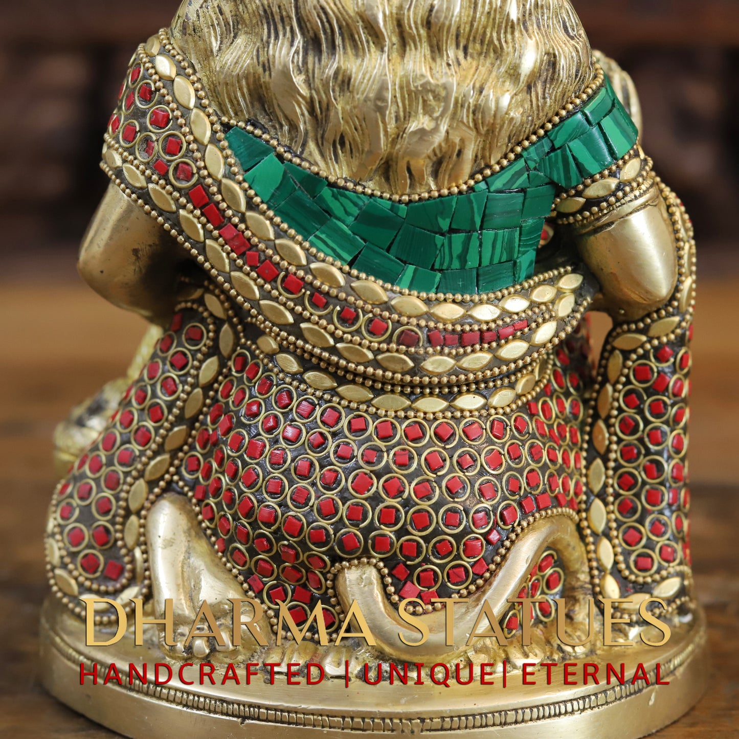 Brass Hanuman Ji seated in Blessing Posture, Golden & Stonework, 9.5"