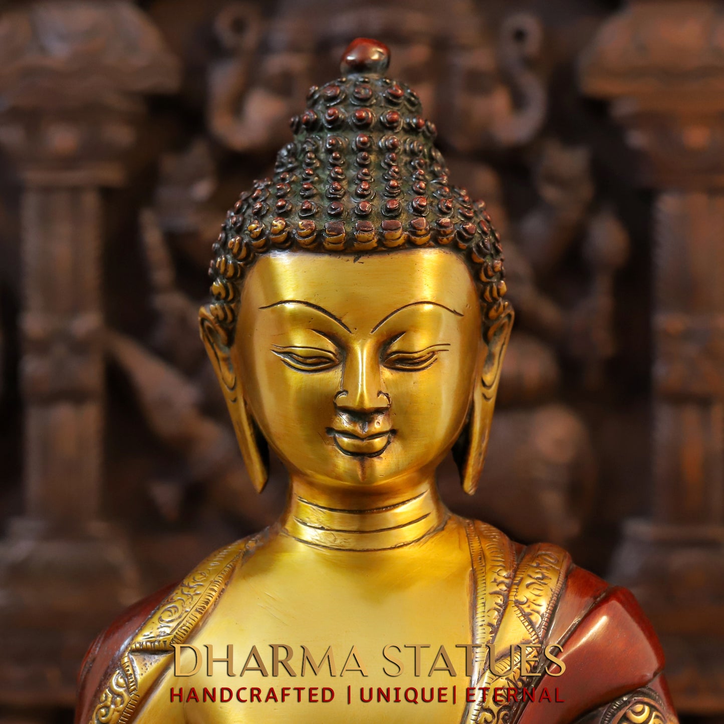 Brass Buddha seated in Blessing Posture, Cherry & Golden Finish, 17"