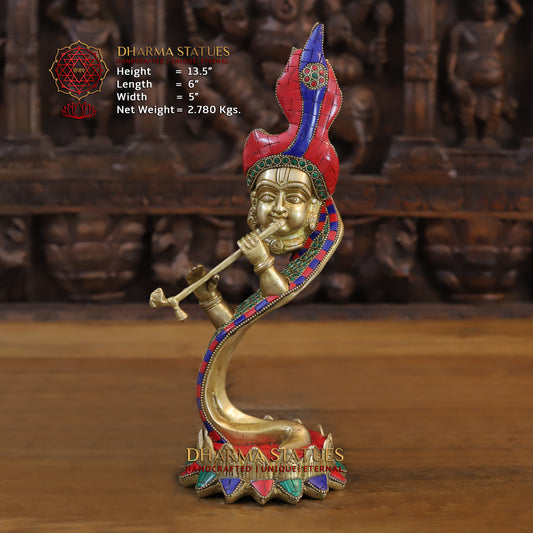 Brass Modern Krishna playing Flute, Golden & Stonework, 13.5"