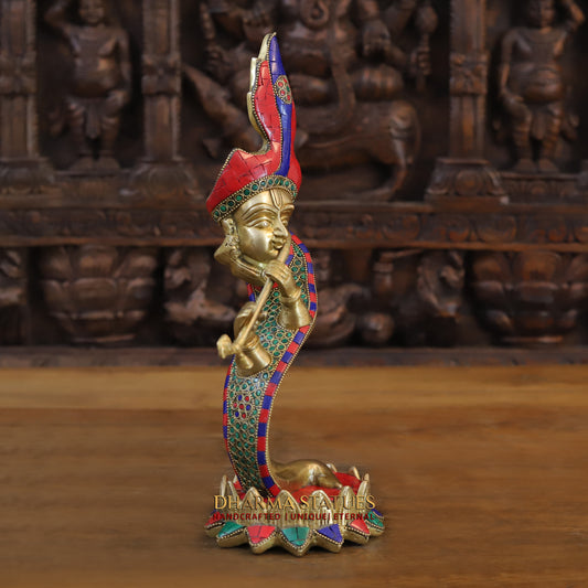 Brass Modern Krishna playing Flute, Golden & Stonework, 13.5"