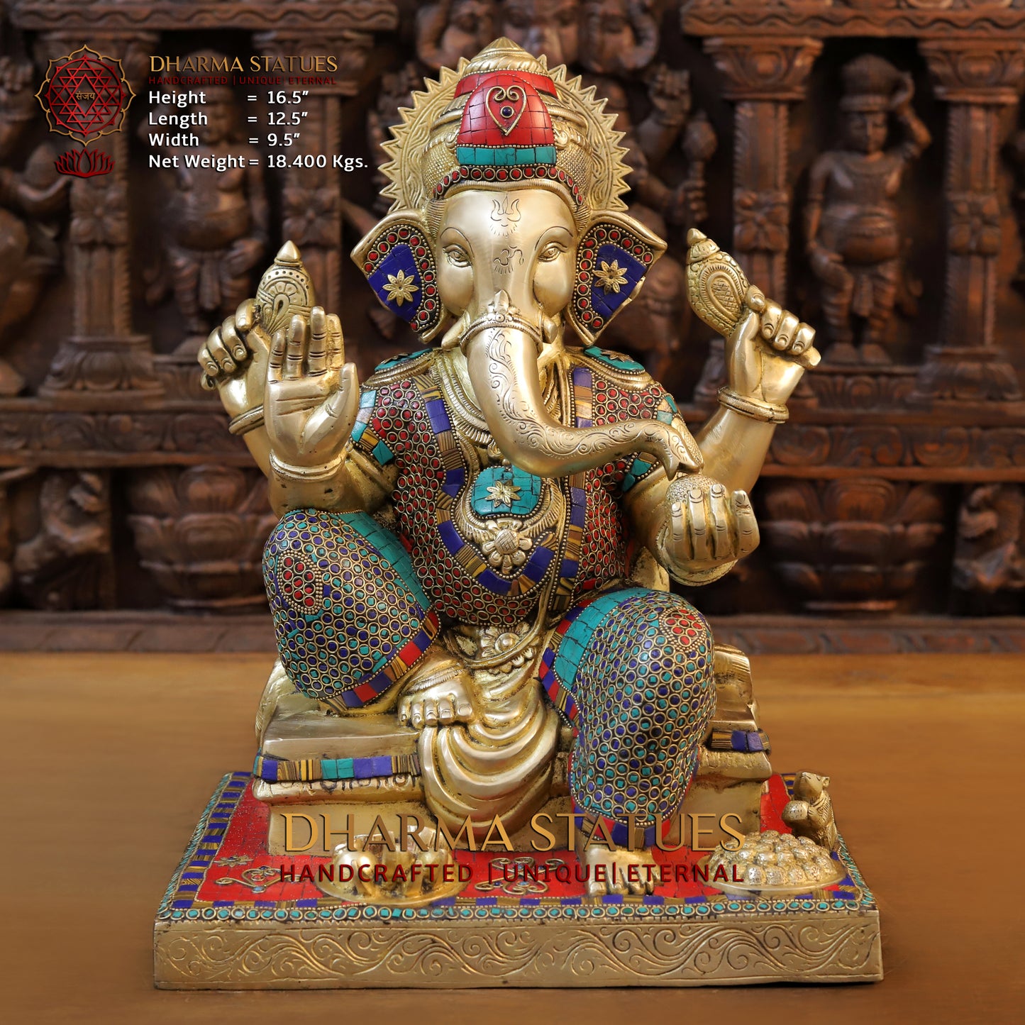 Brass Ganesh seated in Blessing Posture, Golden & Stonework, 16.5"