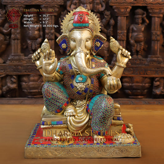 Brass Ganesh seated in Blessing Posture, Golden & Stonework, 16.5"