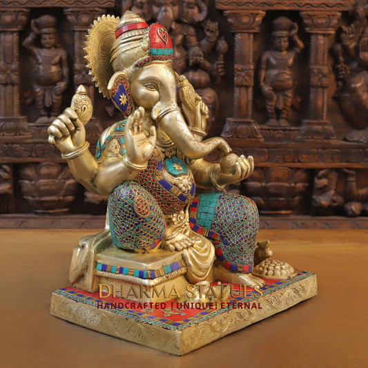 Brass Ganesh seated in Blessing Posture, Golden & Stonework, 16.5"