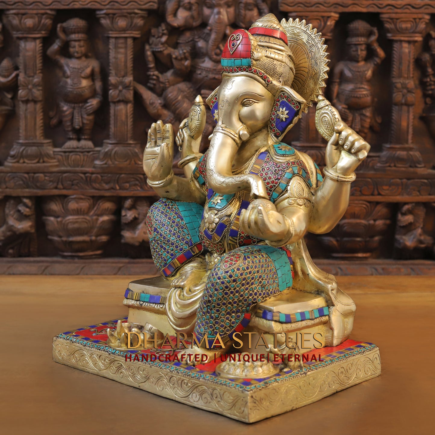 Brass Ganesh seated in Blessing Posture, Golden & Stonework, 16.5"