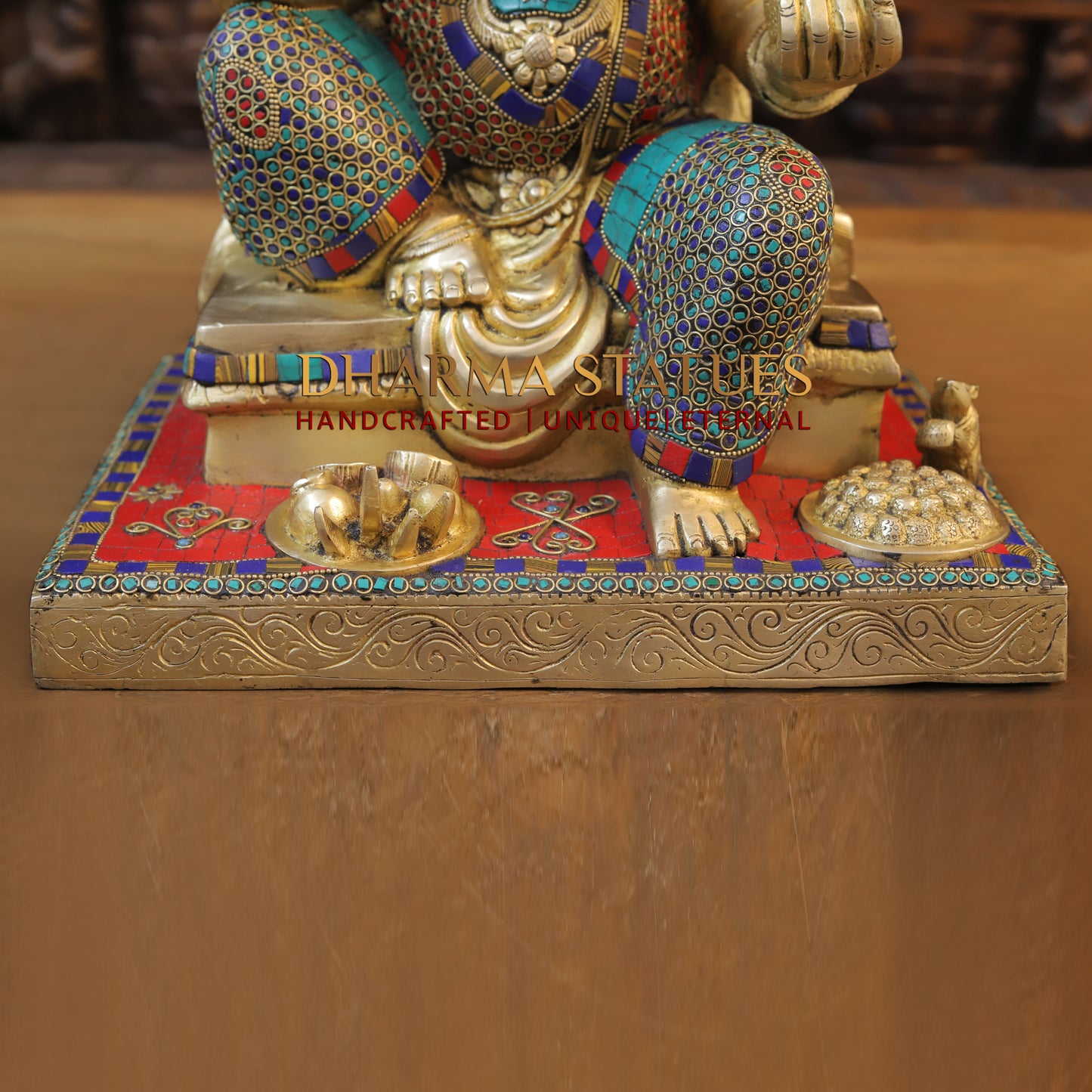Brass Ganesh seated in Blessing Posture, Golden & Stonework, 16.5"