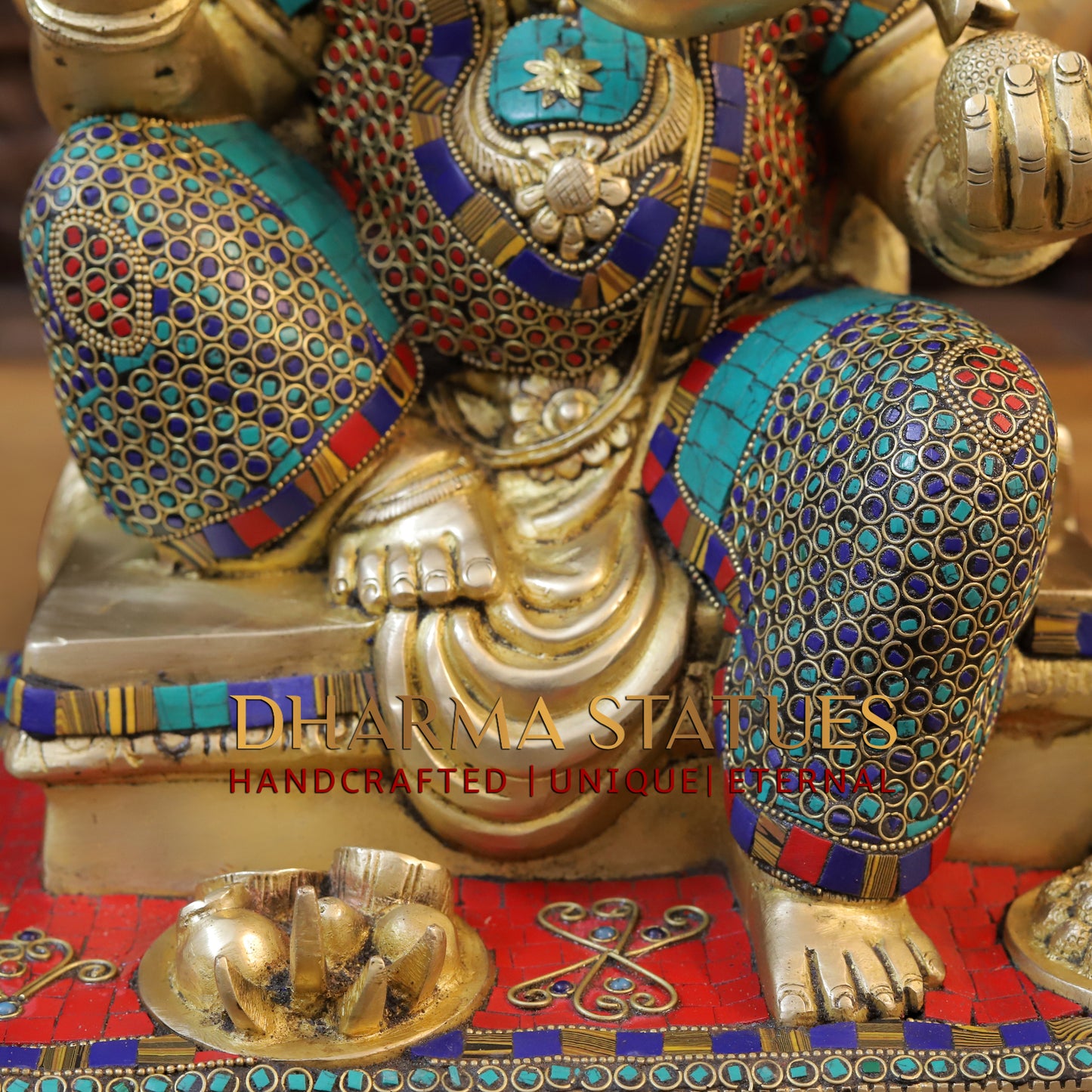 Brass Ganesh seated in Blessing Posture, Golden & Stonework, 16.5"