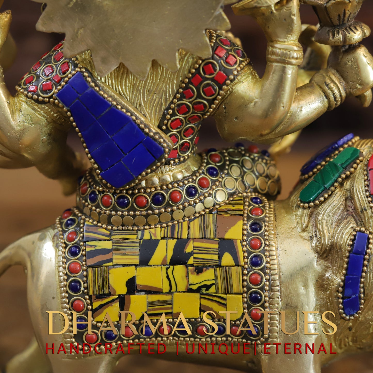 Brass Durga with 8 arms sitting on lion, Golden & Stonework, 8.5"