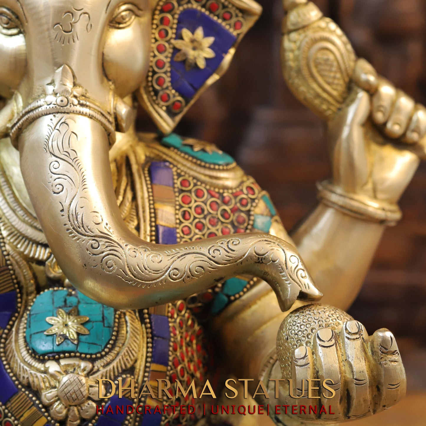 Brass Ganesh seated in Blessing Posture, Golden & Stonework, 16.5"