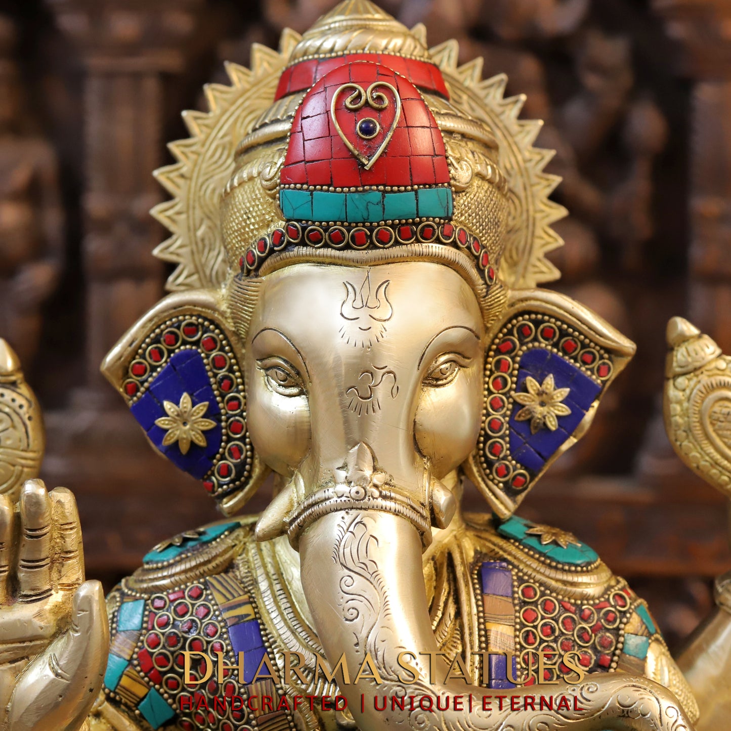 Brass Ganesh seated in Blessing Posture, Golden & Stonework, 16.5"