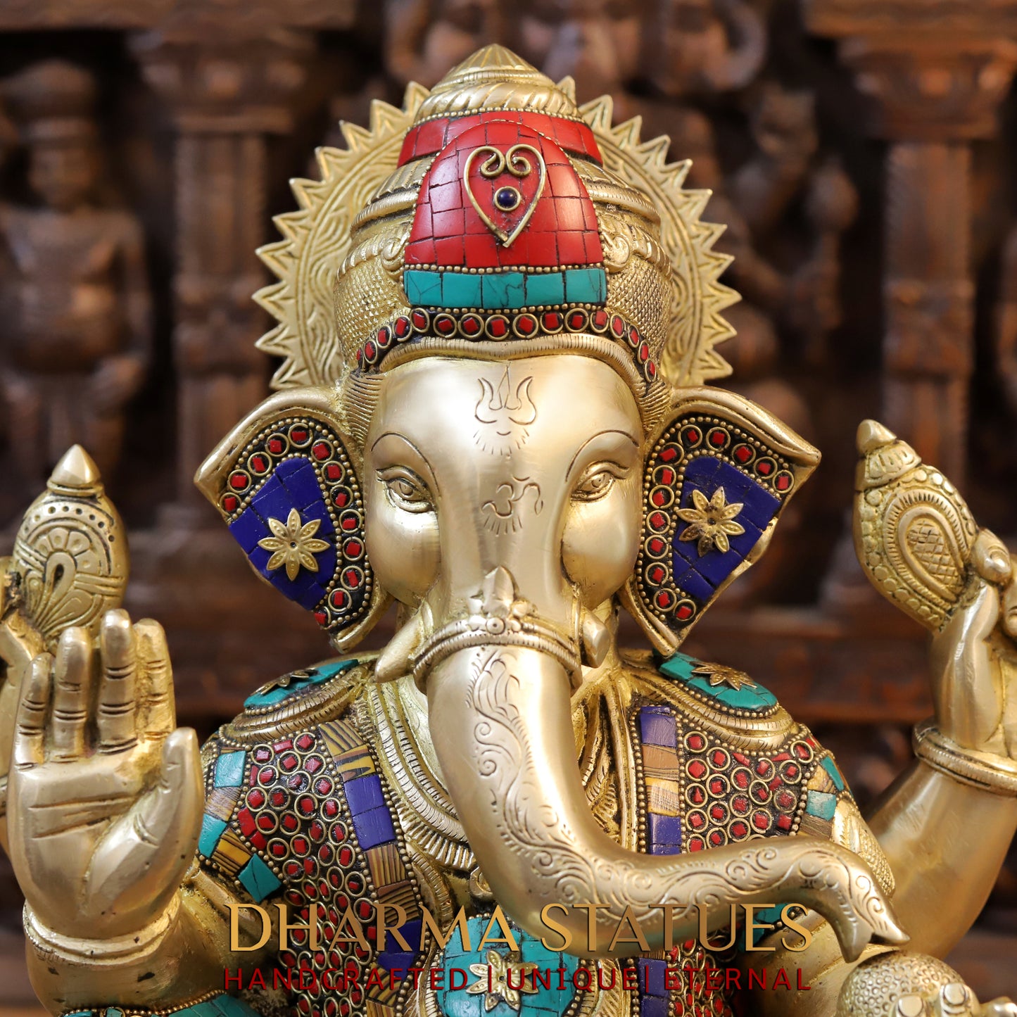 Brass Ganesh seated in Blessing Posture, Golden & Stonework, 16.5"