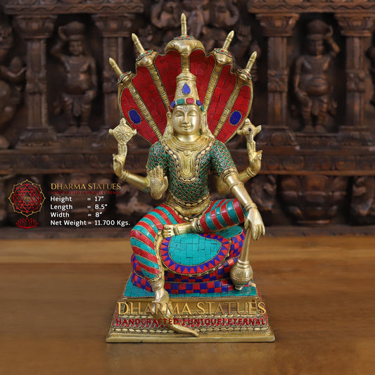 Brass Vishnu seated on Sheshnag, Fine Golden & Stonework, 17"