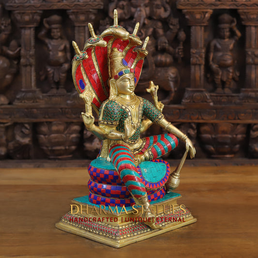 Brass Vishnu seated on Sheshnag, Fine Golden & Stonework, 17"
