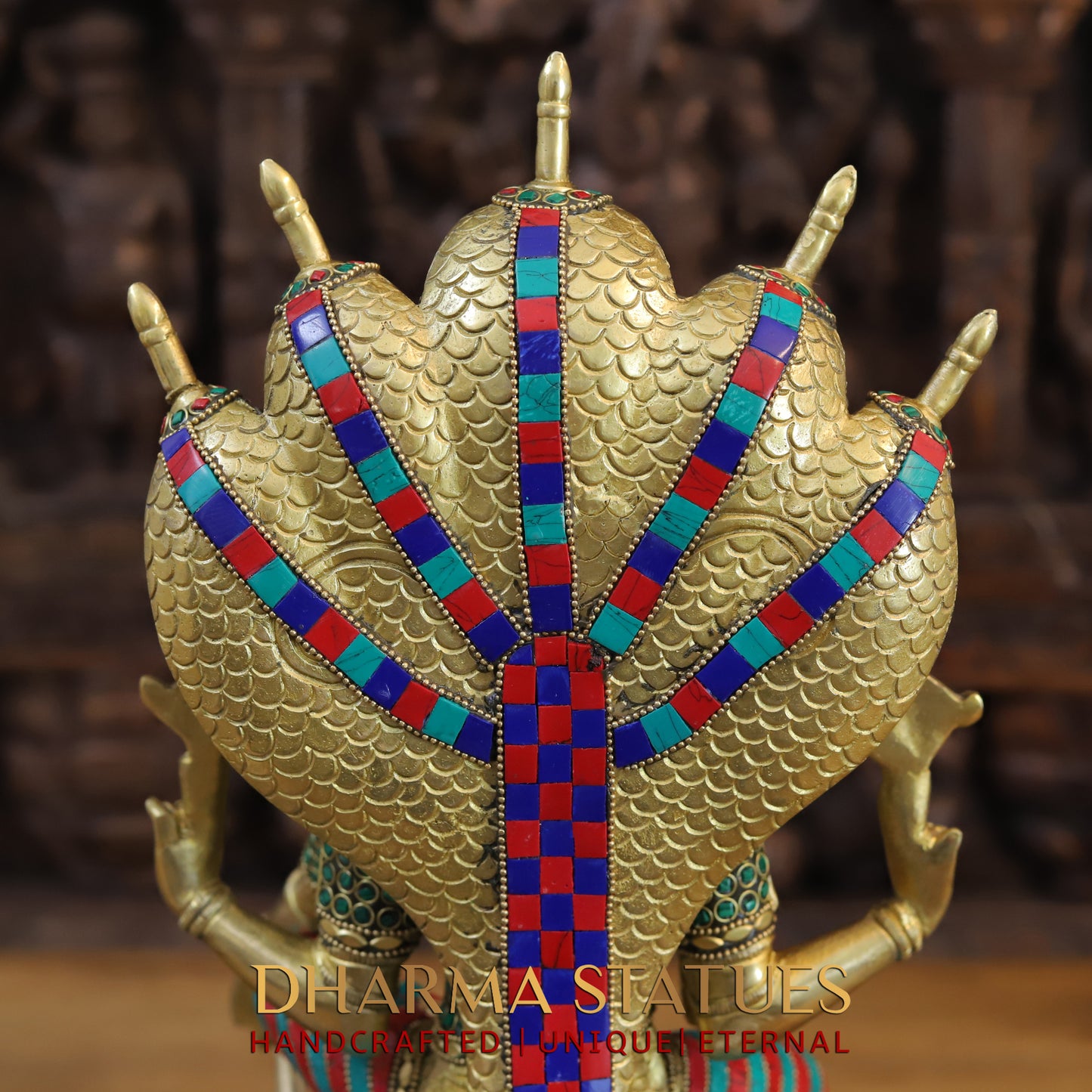 Brass Vishnu seated on Sheshnag, Fine Golden & Stonework, 17"