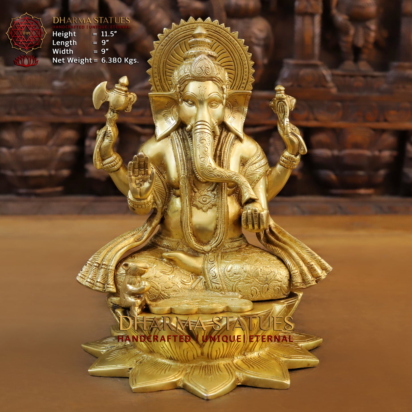 Brass Ganesh seated in Blessing Posture, Fine Golden Finish, 11.5"