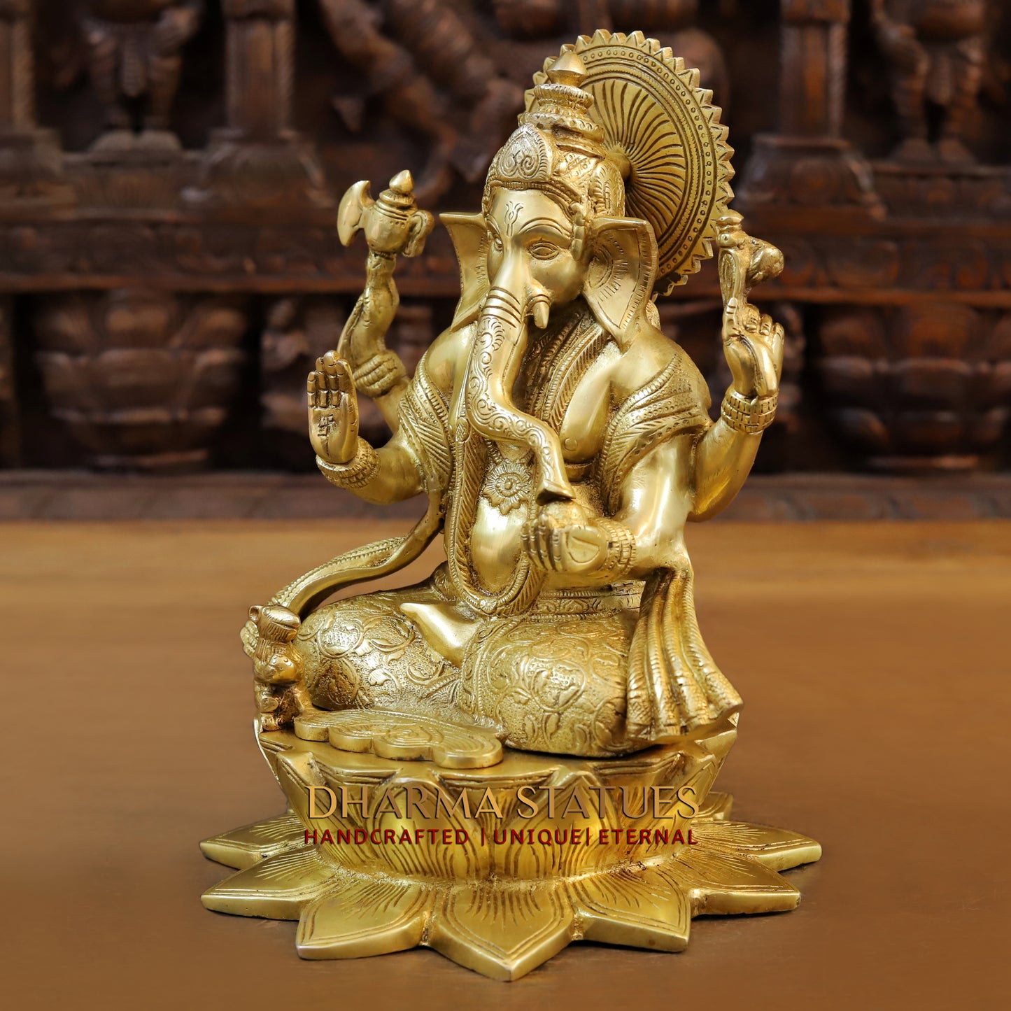 Brass Ganesh seated in Blessing Posture, Fine Golden Finish, 11.5"