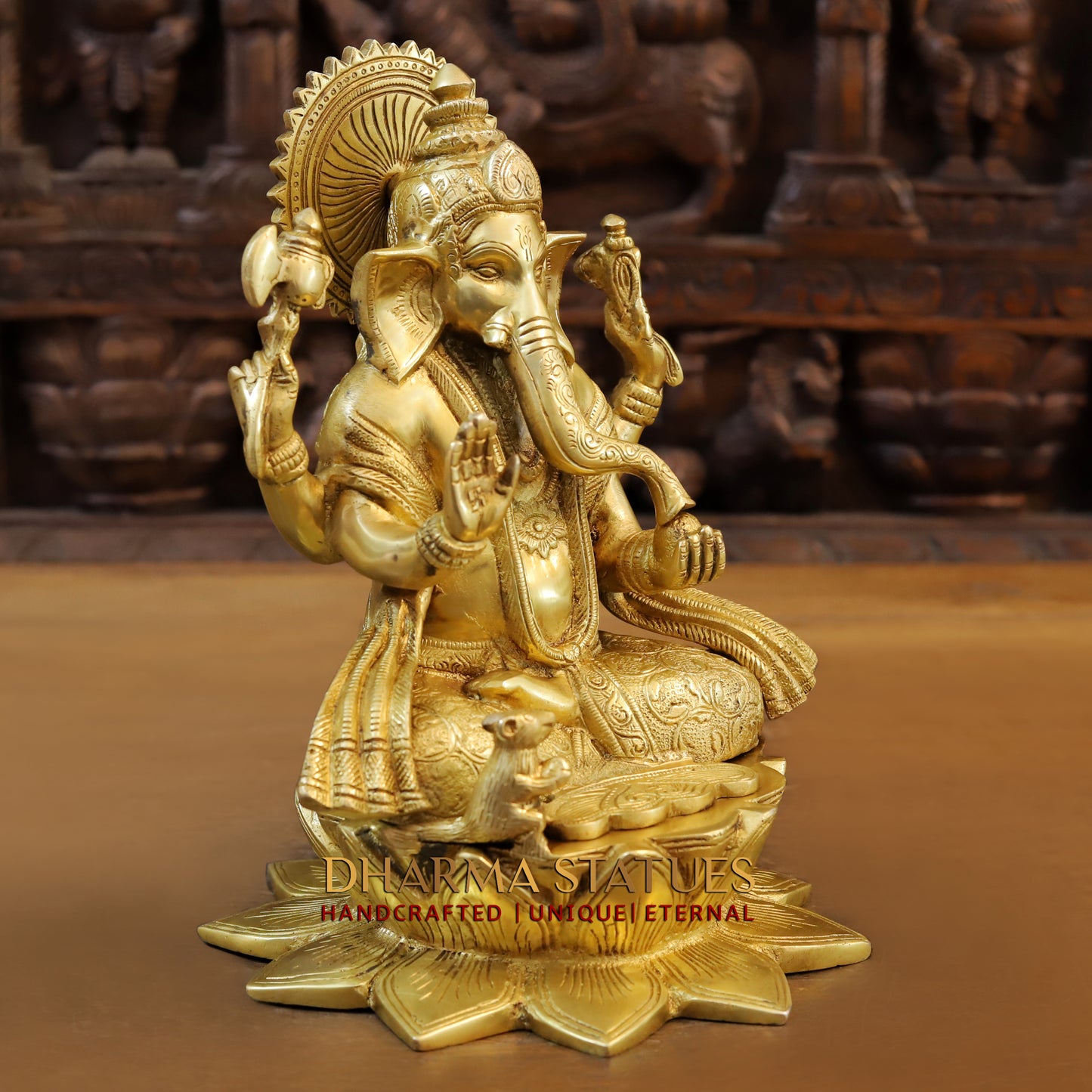 Brass Ganesh seated in Blessing Posture, Fine Golden Finish, 11.5"
