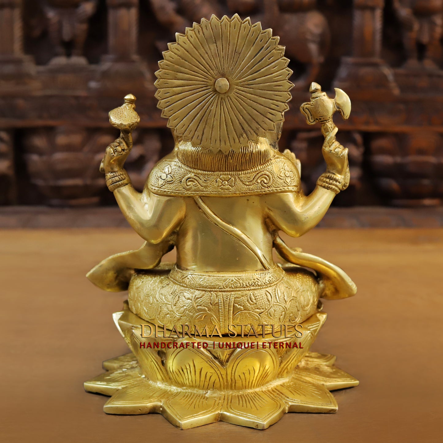 Brass Ganesh seated in Blessing Posture, Fine Golden Finish, 11.5"