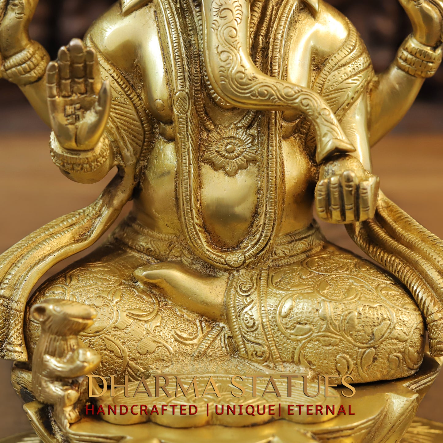 Brass Ganesh seated in Blessing Posture, Fine Golden Finish, 11.5"
