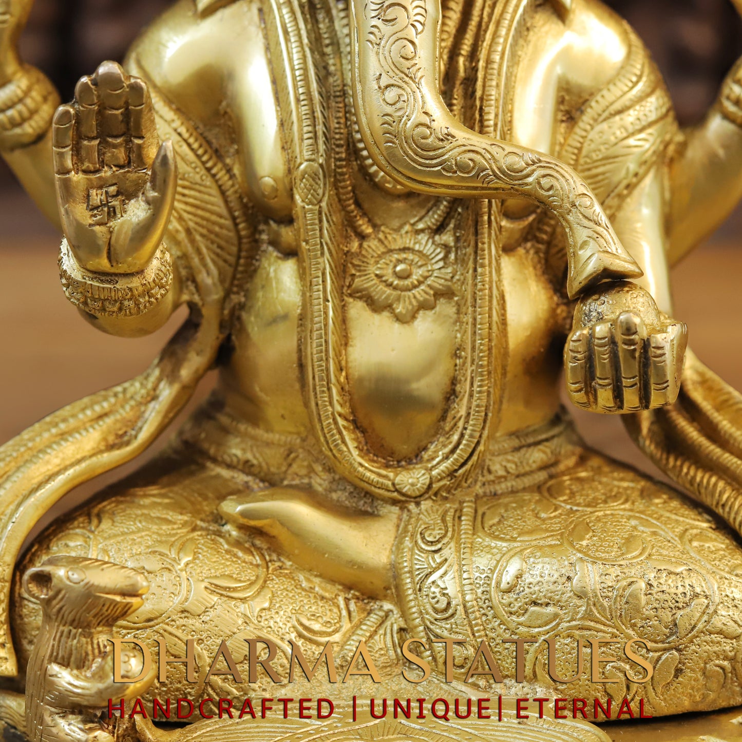 Brass Ganesh seated in Blessing Posture, Fine Golden Finish, 11.5"