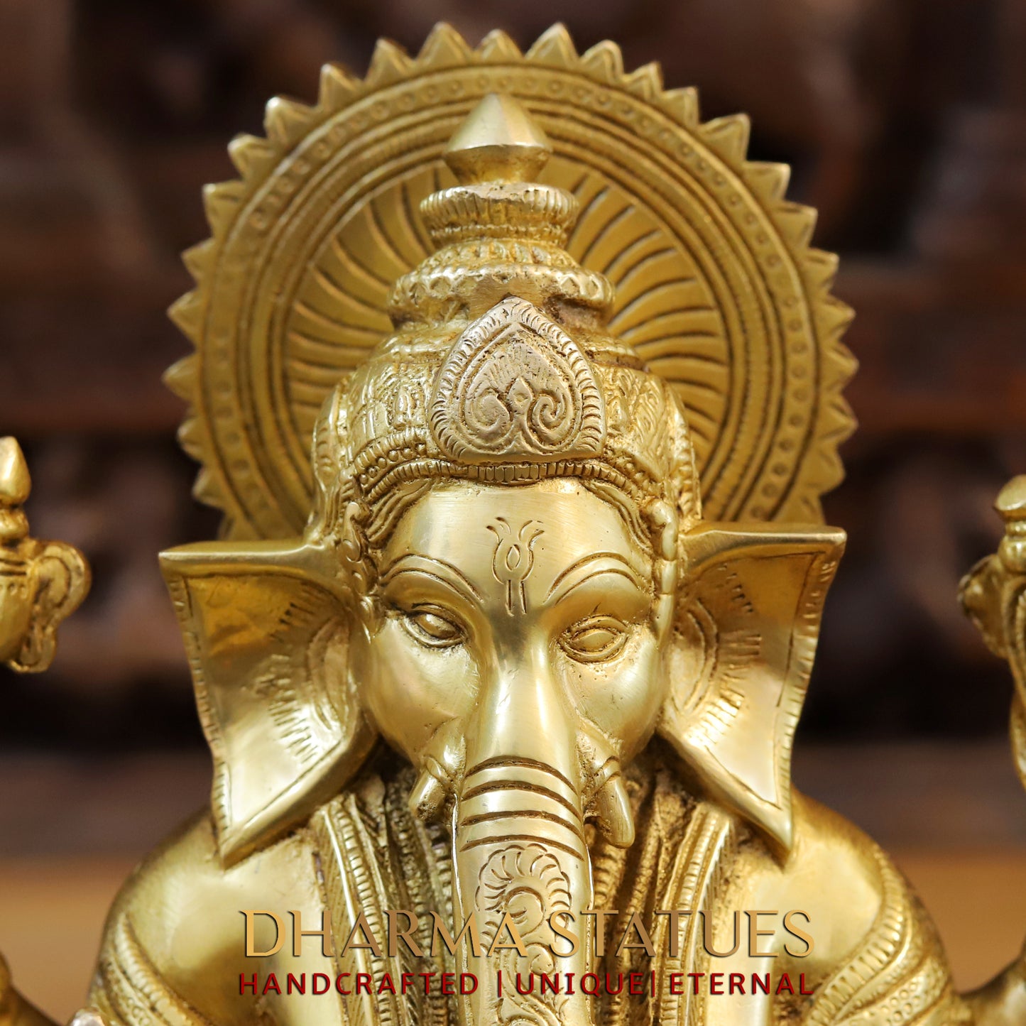 Brass Ganesh seated in Blessing Posture, Fine Golden Finish, 11.5"