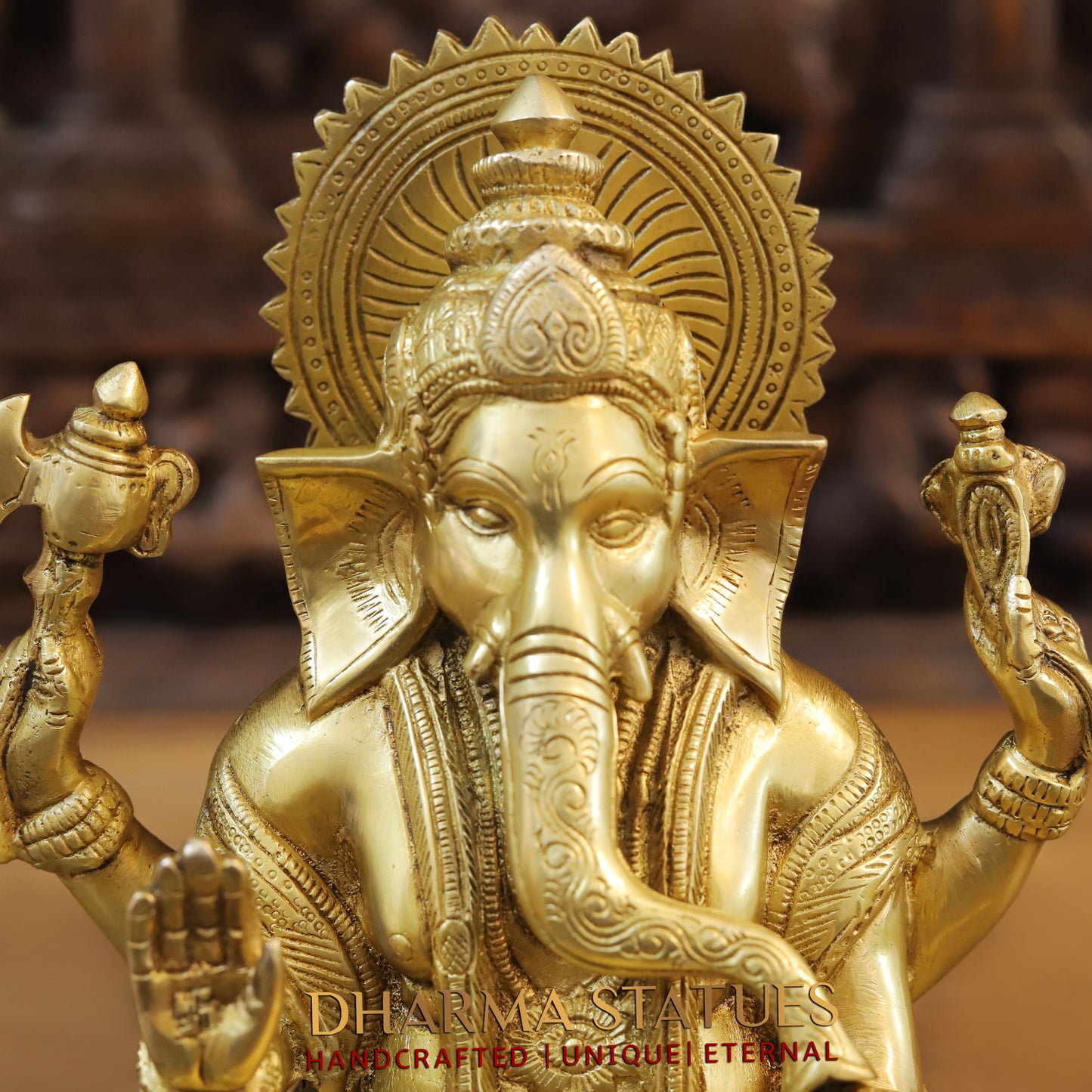 Brass Ganesh seated in Blessing Posture, Fine Golden Finish, 11.5"
