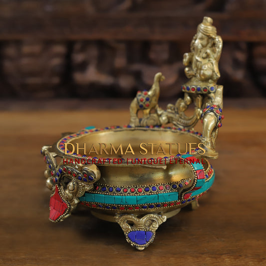 Brass Ganesh Diya Urli, Golden & Stonework, 8"