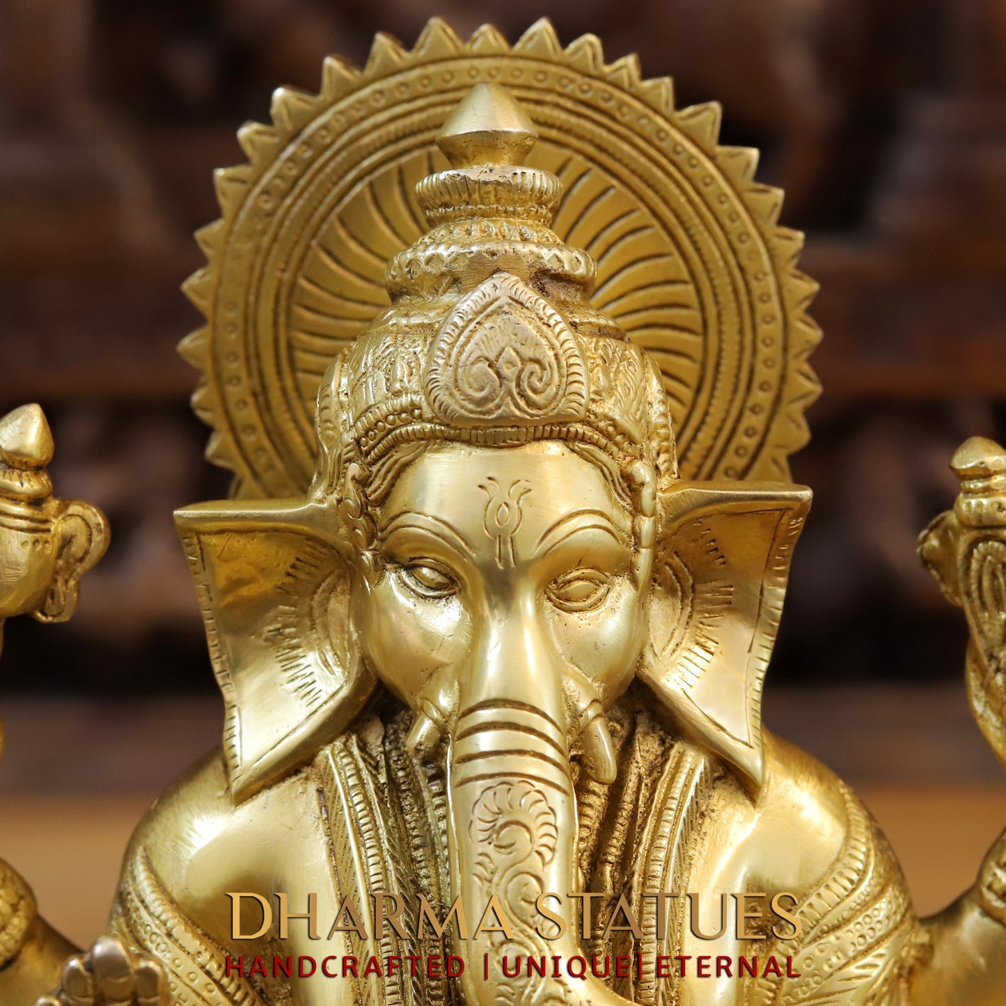 Brass Ganesh seated in Blessing Posture, Fine Golden Finish, 11.5"