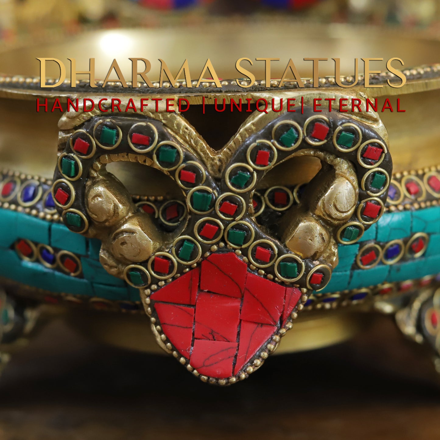 Brass Ganesh Diya Urli, Golden & Stonework, 8"