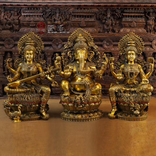 Brass Saraswati, Ganesh & Lakshmi, Fine Golden Finish, 26"