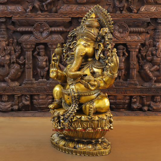 Brass Ganesh seated in Blessing Posture, Fine Golden Finish, 26"