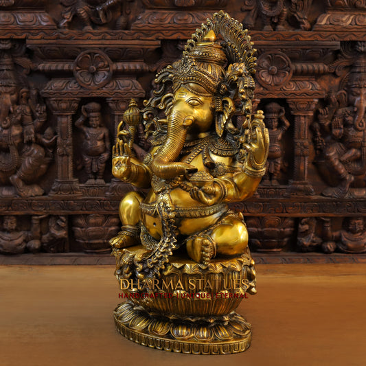Brass Saraswati, Ganesh & Lakshmi, Fine Golden Finish, 26"